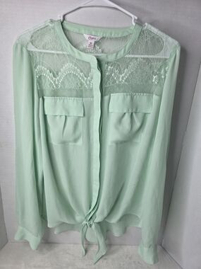Candie's Mint Green Lace Yoke Tie-Front Blouse